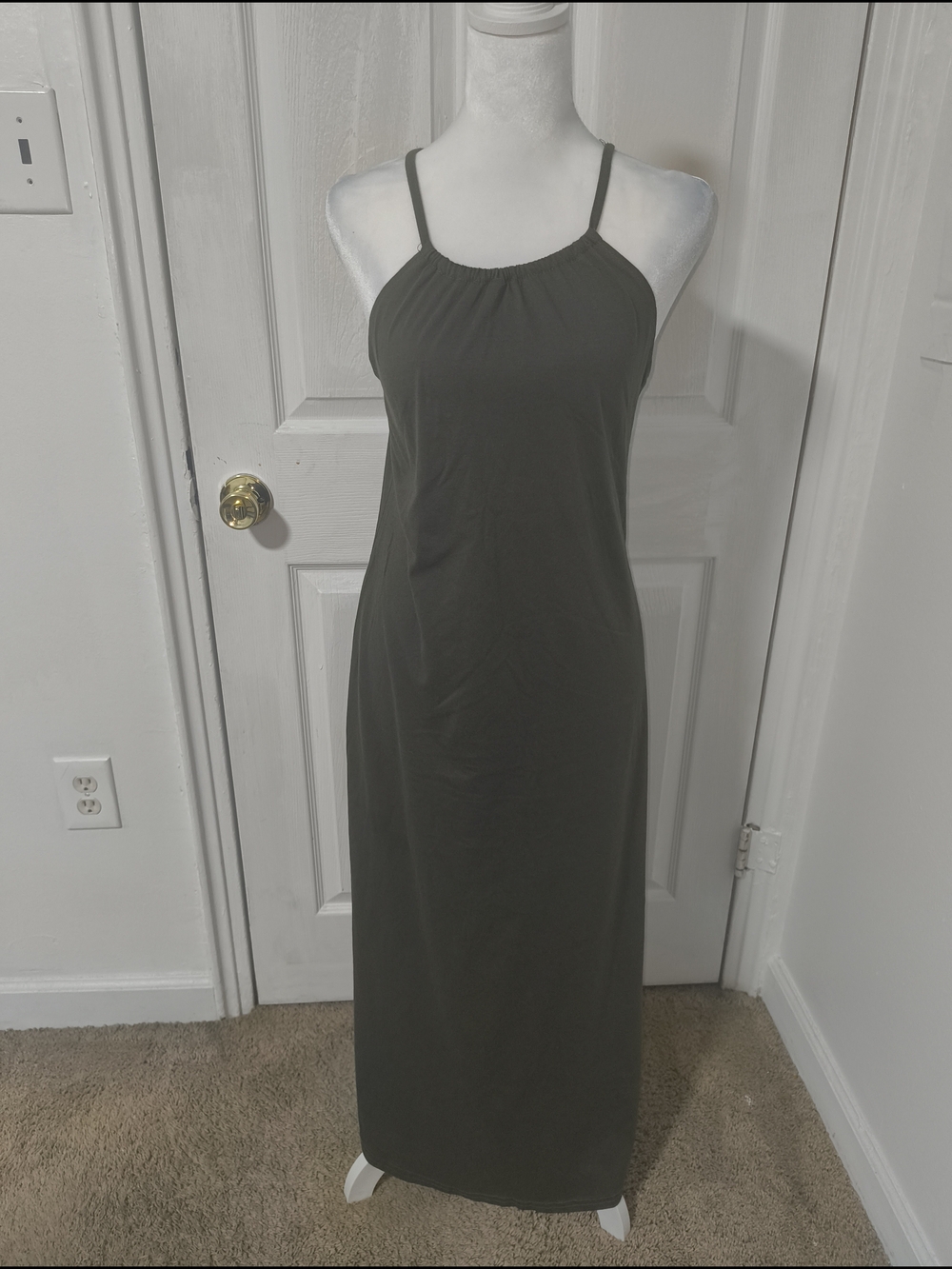 Sleeveless Olive Maxi Dress with Spaghetti Straps